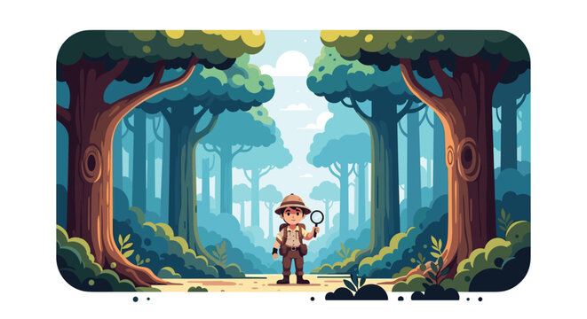 Young scout wearing a hat and backpack holding a magnifying glass in the middle of a dense green forest trail.