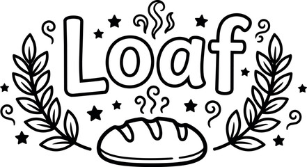 Fototapeta premium Black and white line art loaf lettering with steaming bread and laurel branches