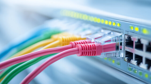 Close-up of colorful ethernet cables plugged into network switch, internet connection and data transmission concept.