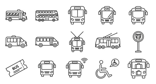 Public Transport Outline Icons Set. Vector Collection of City Bus, School Bus, Trolleybus, Mini Bus, Bus Stop, Ticket, and Accessibility Symbols.