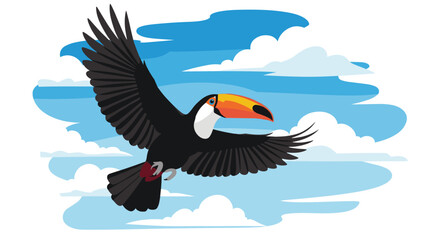 Obraz premium Colorful toucan bird with a vibrant orange beak flies gracefully through a clear blue sky filled with soft white fluffy clouds.