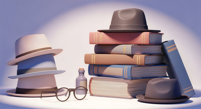 A whimsical stack of vintage hats and books illuminated by a soft spotlight