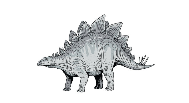 Detailed illustration of a stegosaurus dinosaur with its iconic back plates and spiked tail stands on a plain white background.