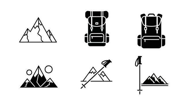Mountain and hiking vector icon set with backpacks, peaks, and trekking poles for outdoor adventure travel and camping graphics