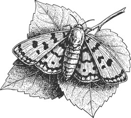 Fototapeta premium Black and white illustration of a moth resting on detailed leaves with patterned wings and body texture