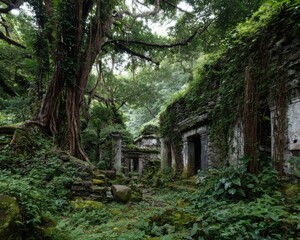 Obraz premium Ancient stone ruins overgrown with lush green jungle vegetation and hanging vines in a forest architecture