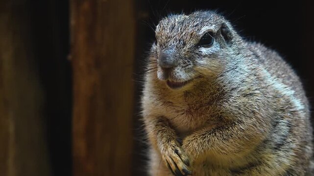 Close up of a ground squirrel sitting up and eating a broccoli with his front feet on a cloudy day in spring 
