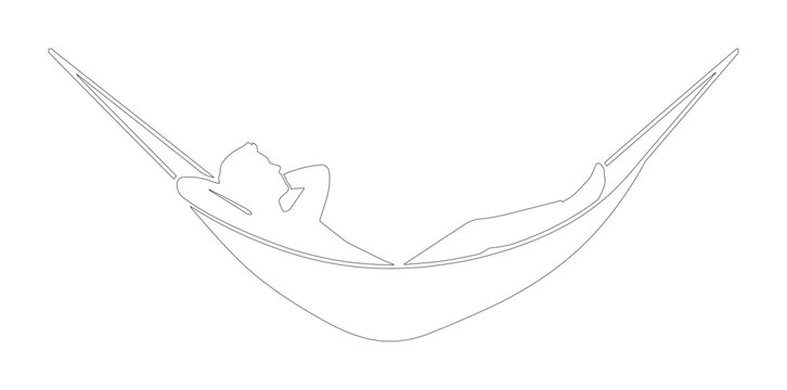ハンモックでリラックスする人物のミニマルな線画イラスト、休息と自由を象徴するシンプルなベクターアイコン、休暇やレジャーのコンセプトデザイン素材