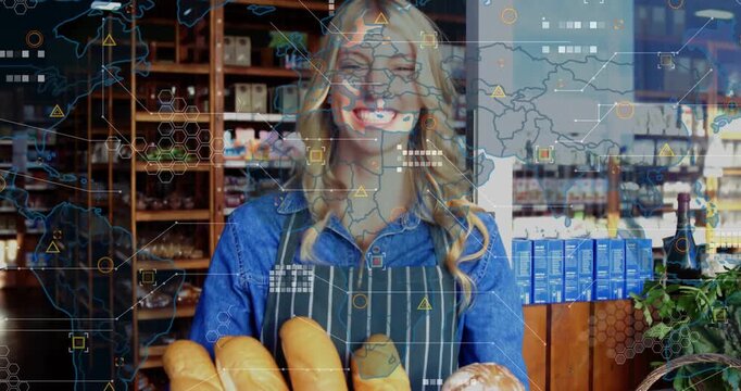Woman in apron holding bread basket at shop, camera pulling back, selling goods with map overlay