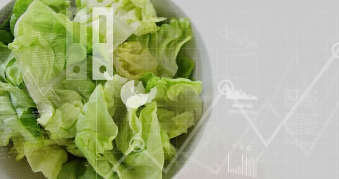 Cloud data entering from right, animating HUD charts over bowl of lettuce, showing food metrics
