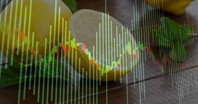 Halved citrus fruit on wood, overlay appearing and pulsing bars with candlestick showing sales data