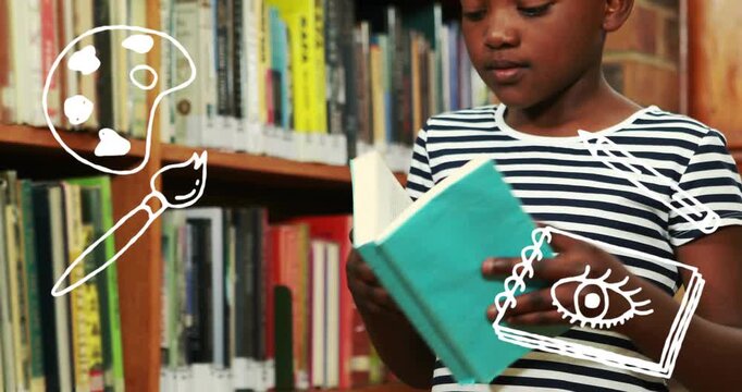 child studying teal book for school, cam panning up revealing face, white doodles on sides staying