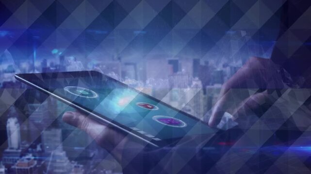Tech pro holding tablet over skyline, tapping icons and previewing rising analytics hologram
