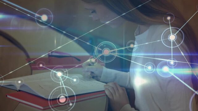 Animated network overlay appearing, student leaning and writing, nodes spreading, mapping concepts