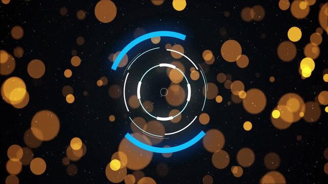 Playback starting HUD rotating rings while golden bokeh drifting across dark void for technology