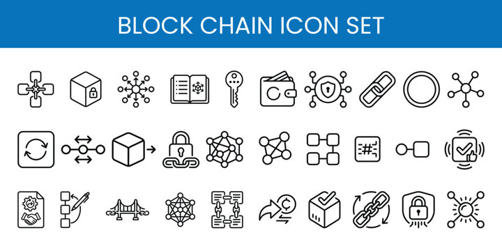 Blockchain Icon Set Line Outline for Crypto, NFT, Web3, Security, Network