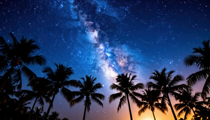 Fototapeta premium a dark sky filled with stars and the Milky Way. Silhouetted palm trees create a tropical atmosphere against the stunning night sky.