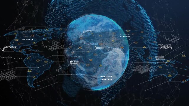 Holo blue globe rotating in space incoming data feed animating global monitoring HUD overlays