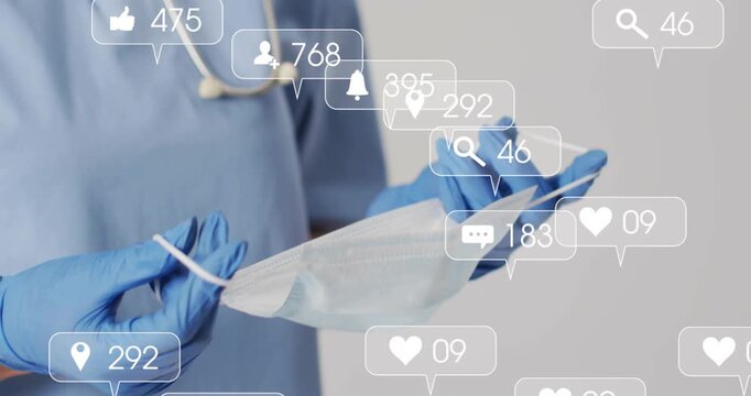 Social media icons appearing female healthcare worker holding mask securing fit protecting patients
