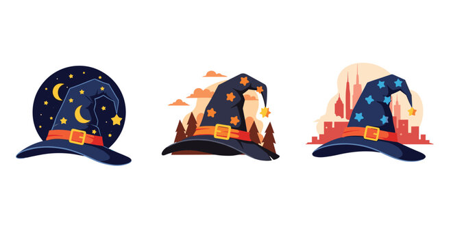 Collection of three dark blue wizard hats decorated with celestial stars and moons in various magical settings.