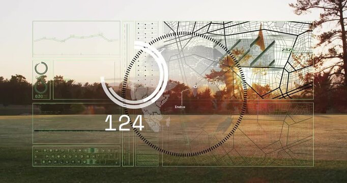 Sunrise causing globe HUD fading over green, numeric readout rising then falling, showing metrics