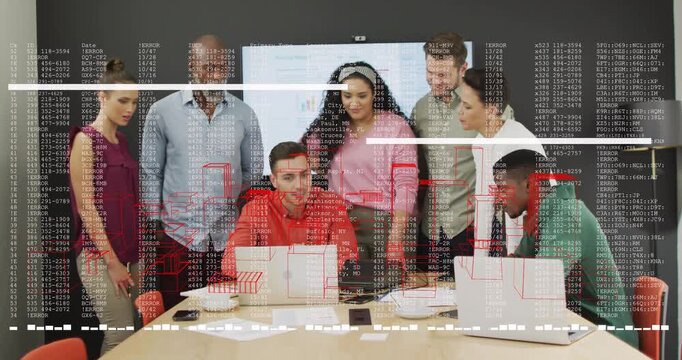 Data overlay starting, team-seven around table, red using laptop, wireframe scrolling showing data