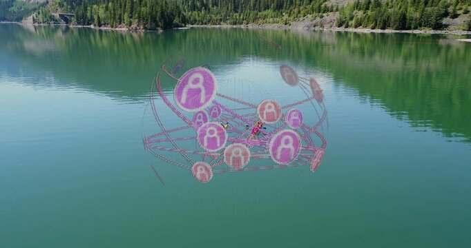 Drone pulling in two paddlers kayaking, magenta network orbiting kayaks showing tech for creators