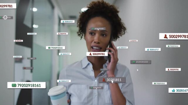 Businesswoman walking corridor on phone, call causing UI tags expanding around her discussing KPIs