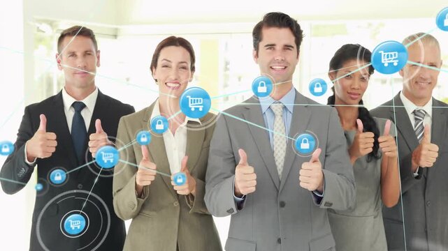 Five biz team raising thumbs-up causing blue cart lock icons growing obscuring group for promo