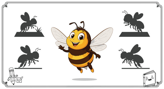 Fun educational shadow matching game for children featuring a cute cartoon bee and different silhouette options.