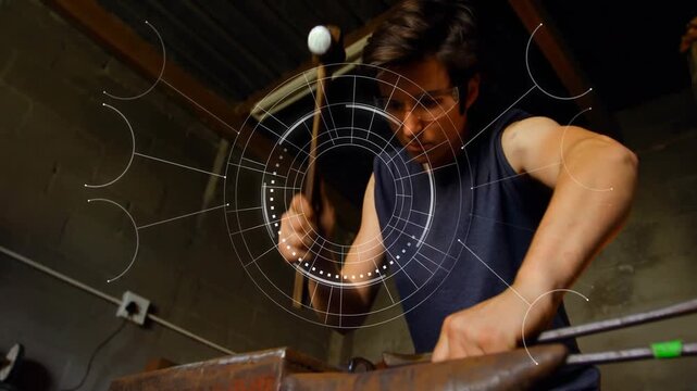 Adult smith heating metal glowing gripping tongs hammering anvil shaping metal as HUD tracking temp