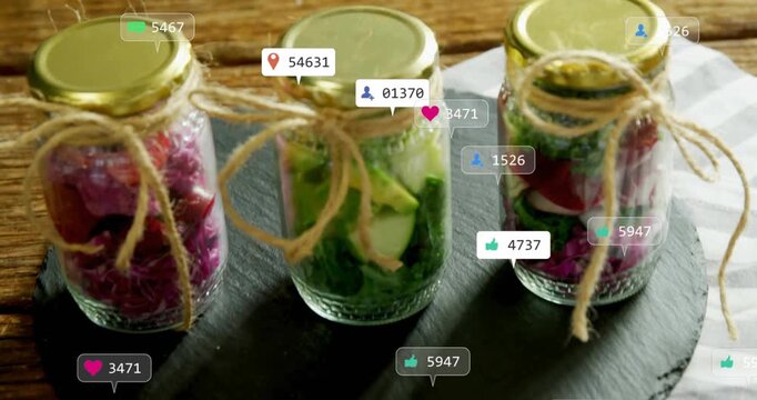 Three jars focusing during post upload showing rising likes, hearts and counts boosting food ads