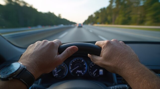 Medium shot of driver demonstrating lanekeep assist on a highway steering wheel and dashboard in sharp focus background highway lanes softly blurred.