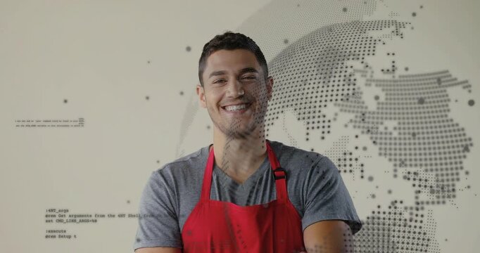 Camera zooming and food server crossing arms smiling and welcoming, globe and code overlaying apron