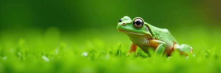 Fototapeta premium European tree frog on grass, vibrant green background, bright, environment