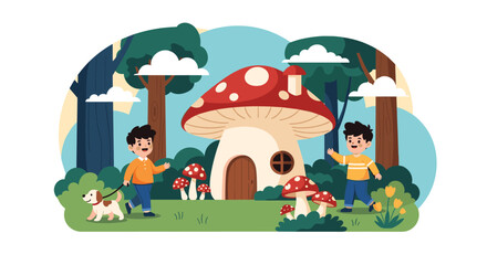 Fototapeta premium Two young boys walk their dog past a large mushroom-shaped house in a magical forest filled with trees and clouds.