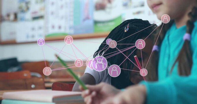Network graphic appearing, student reaching pink nodes then writing worksheet to finish assignment