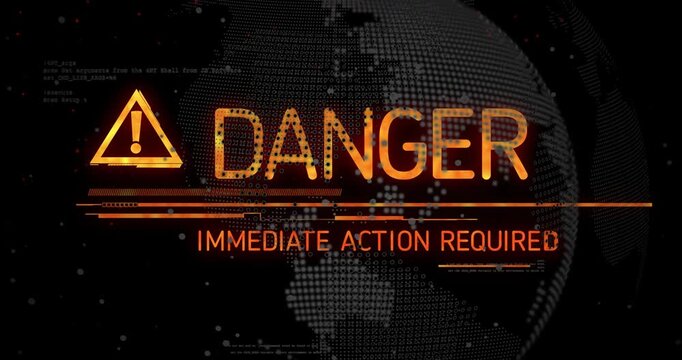 Data sweep initiating alert, triangular warning icon assembling on security globe, morphing DANGER