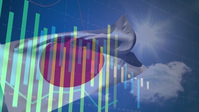 Waving white flag bearing red disc rippling in blue sky as overlay charts appearing and animating