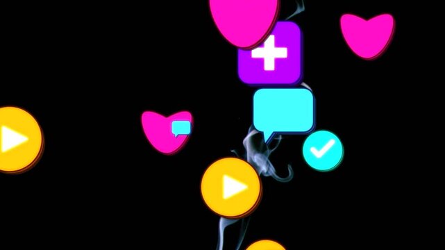Central smoke plume rising, heart starting app icons entering, layering over plume tech UI