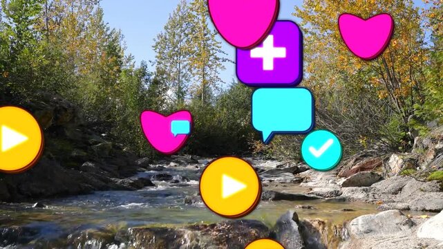 Social media hearts and play buttons appearing over stream on play, scaling forward for engagement