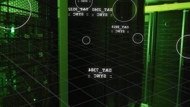 Camera panning right revealing glass panel, HUD grid showing mirrored labels and LEDs for IT status