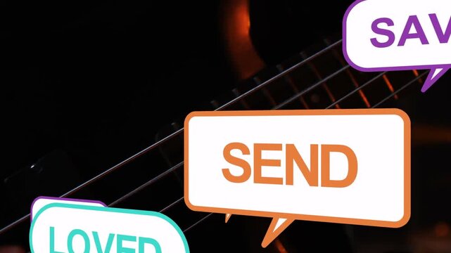 Musician plucking guitar neck, social bubbles starting from edges, obscuring, promoting music