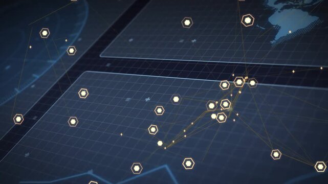 Hex nodes pulsing, linking by yellow lines on grid, lower-center route starting, showing tech flow