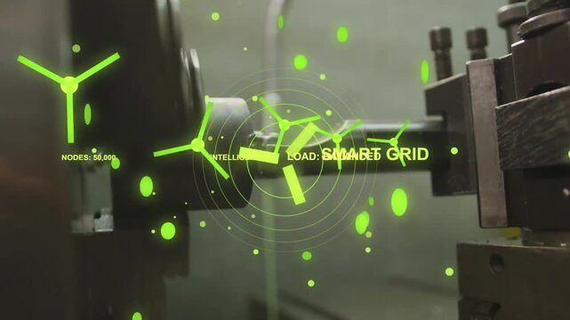 Clamped shaft rotating in machining, HUD appearing, emblem pulsing radar rings, showing SMART GRID