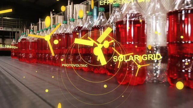 Bottles moving on factory line, camera tracking, HUD animating, showing SOLAR GRID 24% EFFICIENCY