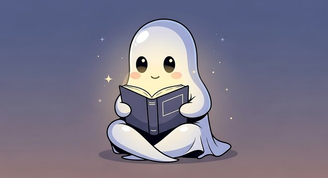 Ghost Character Reading Book in Meditation Pose.