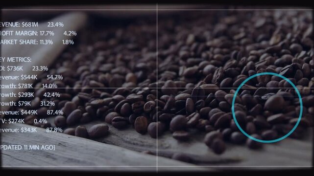 Data update showing left stats box forming turquoise circle over coffee beans HUD showing margin