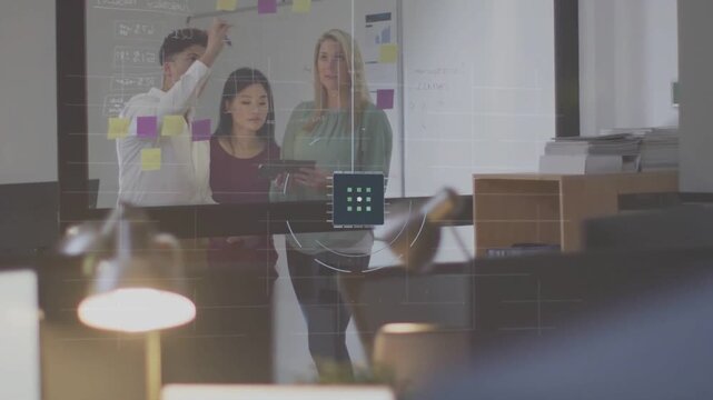 Team leading biz planning at glass board man pointing placing notes tablet HUD over board STEALTH