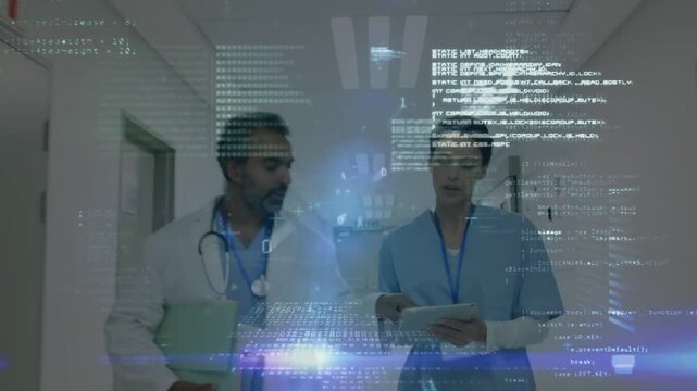 Nurse tapping tablet causing hospital overlay while physician pointing and confirming stethoscope